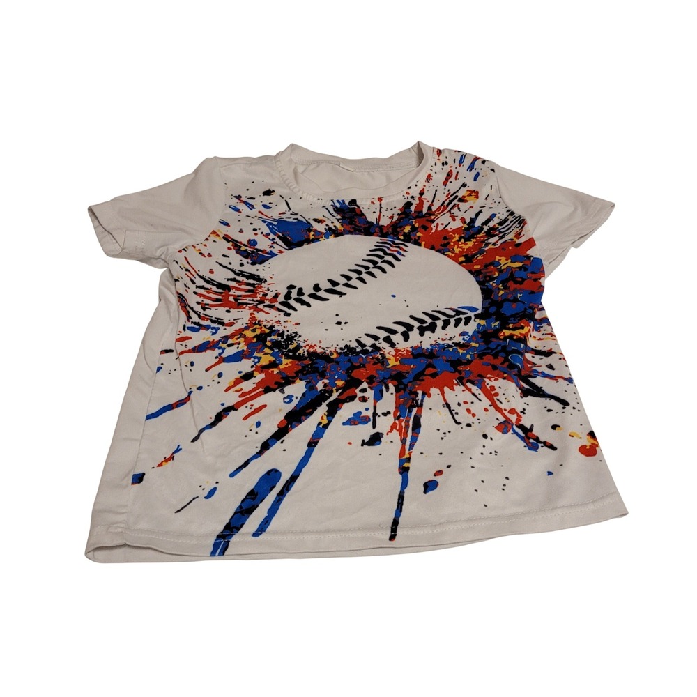Unbranded Baseball Graphic Tee Kids Size 6-7Y White colorful with Paint Splatter